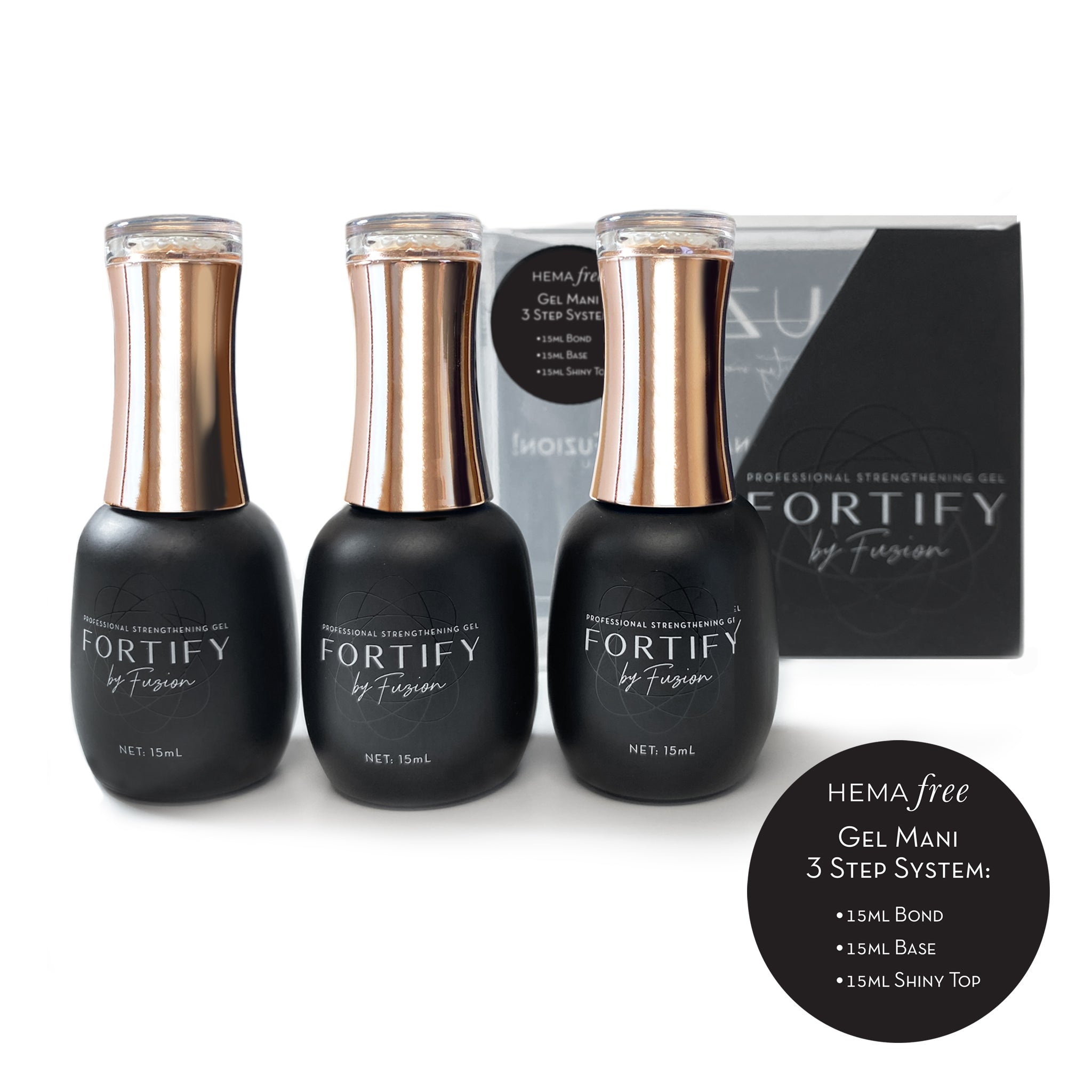 FORTIFY STARTER KIT: HEMA Free Gel Mani, 3 Step System (HEMA Free Bond, Base, Shiny Top)