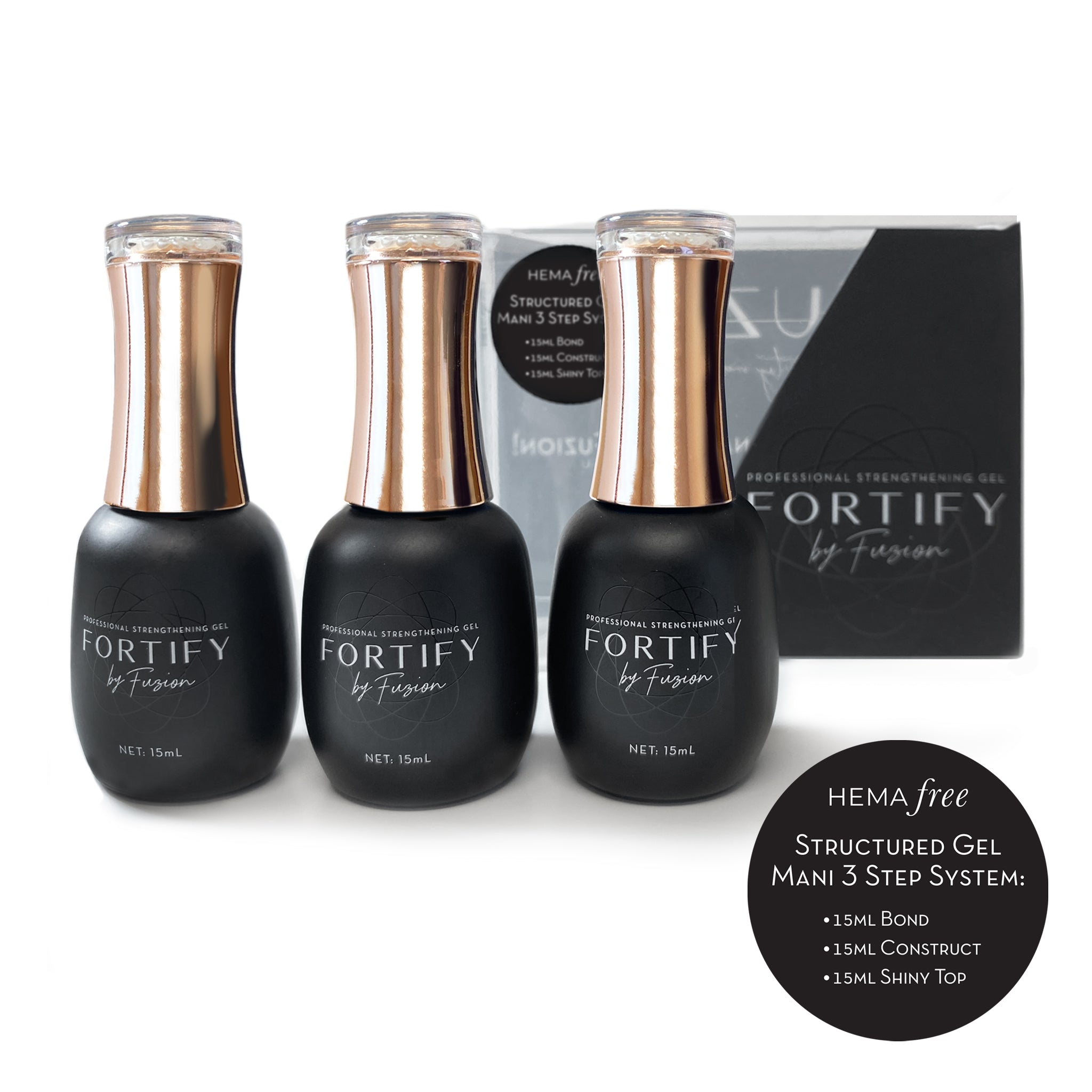 FORTIFY STARTER KIT:  HEMA Free Structured Gel Mani, 3 Step System (HEMA Free Bond, Construct, Shiny Top)