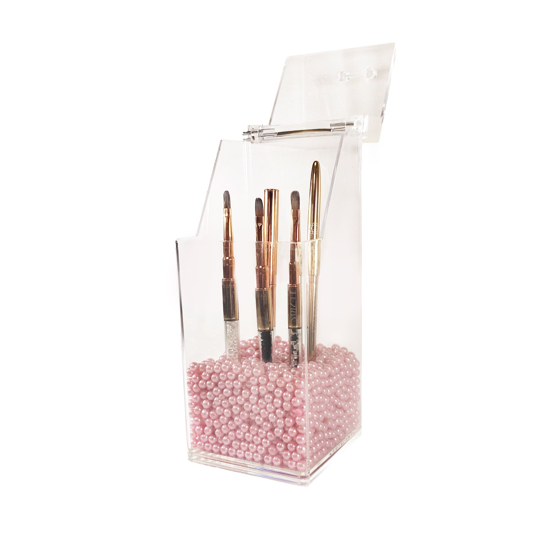 Square Acrylic Brush Holder w Pink Pearls  | LULA BEAUTY