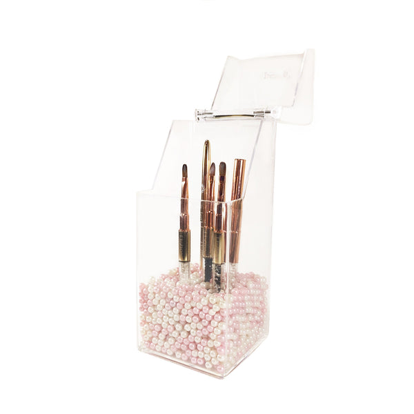 Square Acrylic Brush Holder w White & Pink Pearls  | LULA BEAUTY