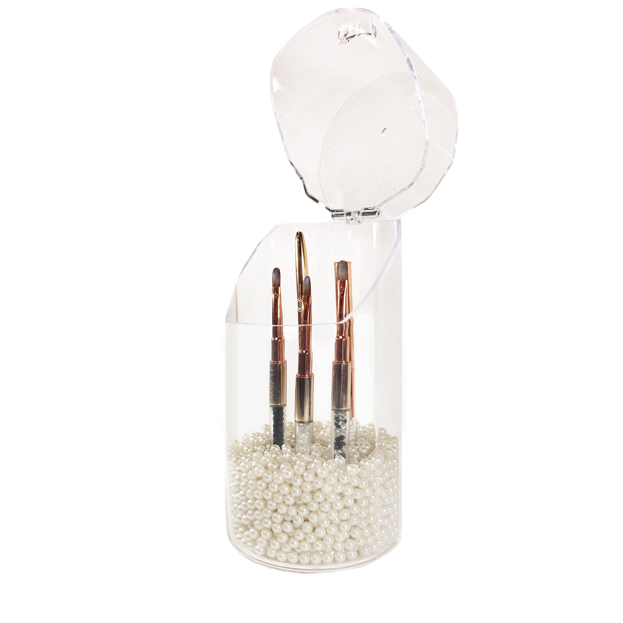 Round Acrylic Brush Holder w White Pearls | LULA BEAUTY