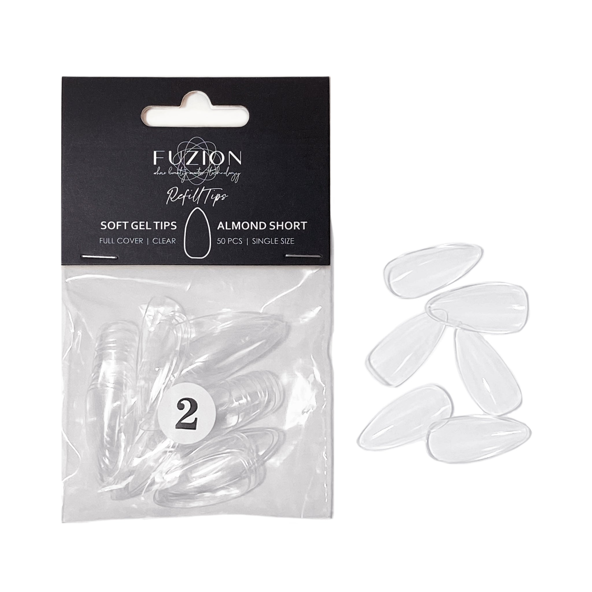 Soft Gel Tips ~ Almond Short Clear Sizes 0-11 | Fuzion Gel 50pk