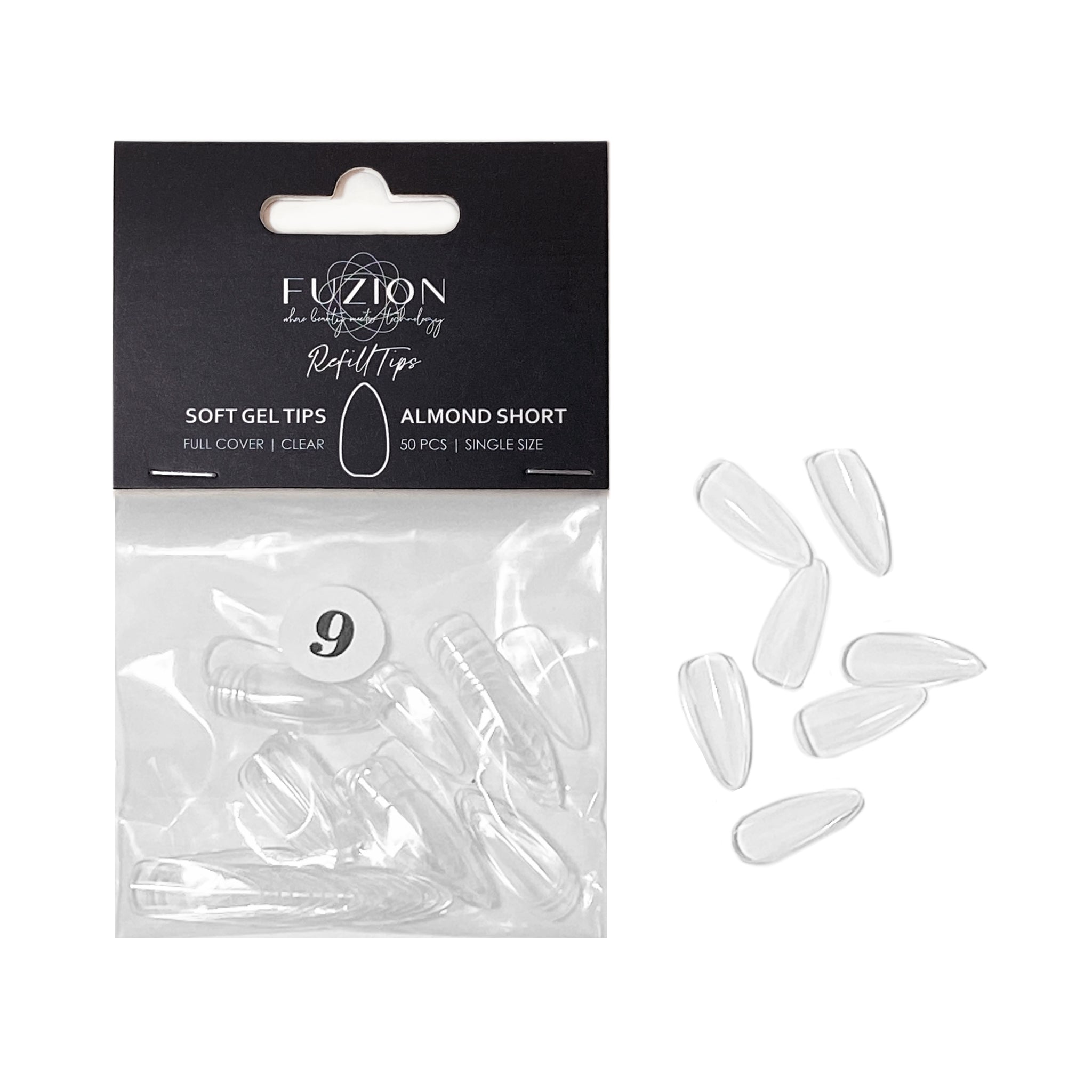 Soft Gel Tips ~ Almond Short Clear Sizes 0-11 | Fuzion Gel 50pk