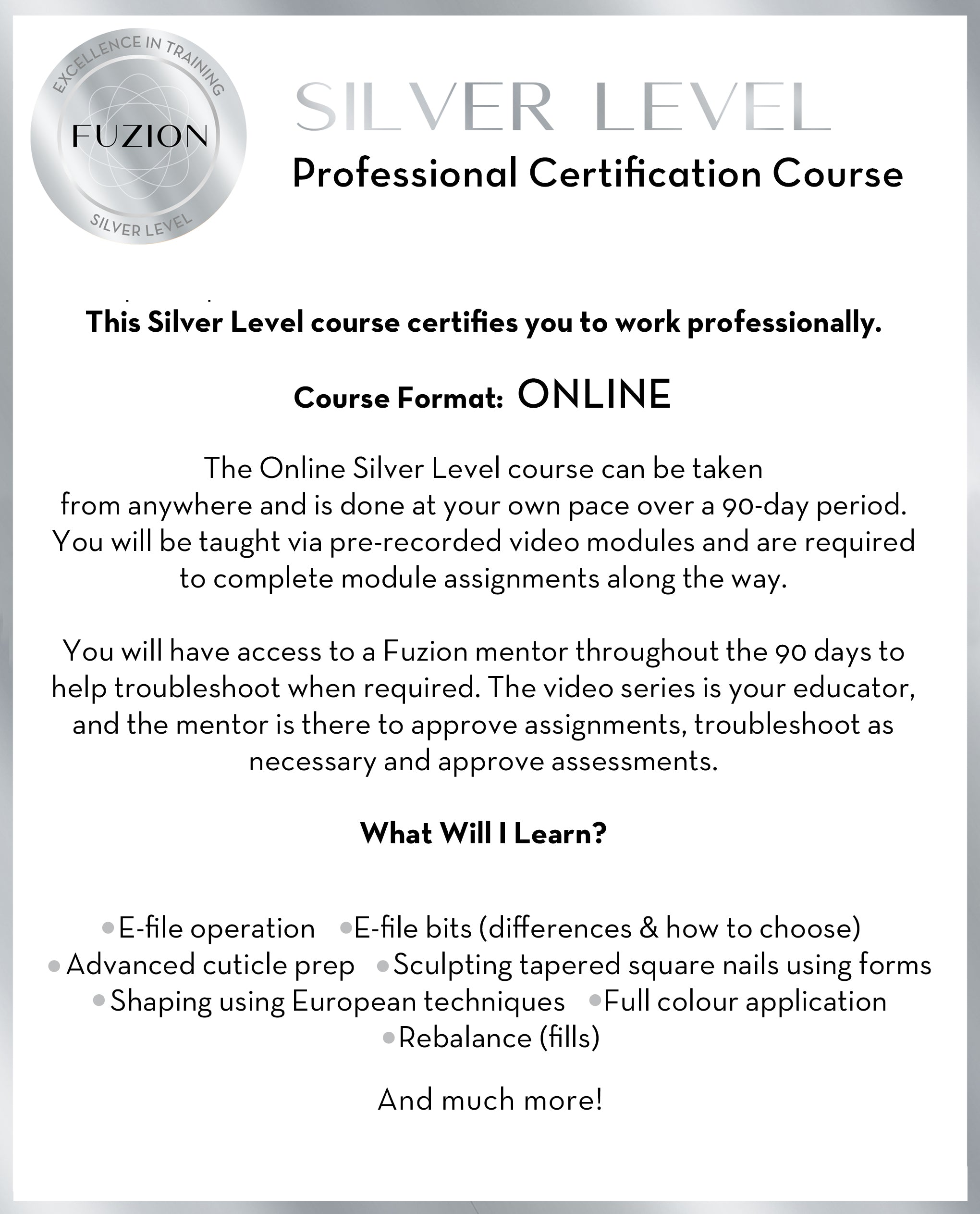 ONLINE Professional Certification Nail Tech Training - Silver Level - Product Kit Included