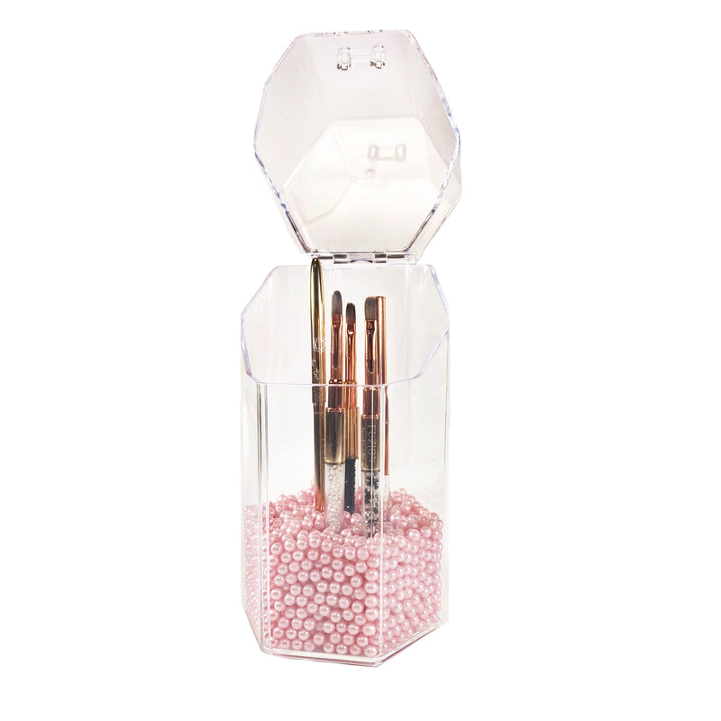 Hexagon Acrylic Brush Holder Pink Pearls | LULA BEAUTY