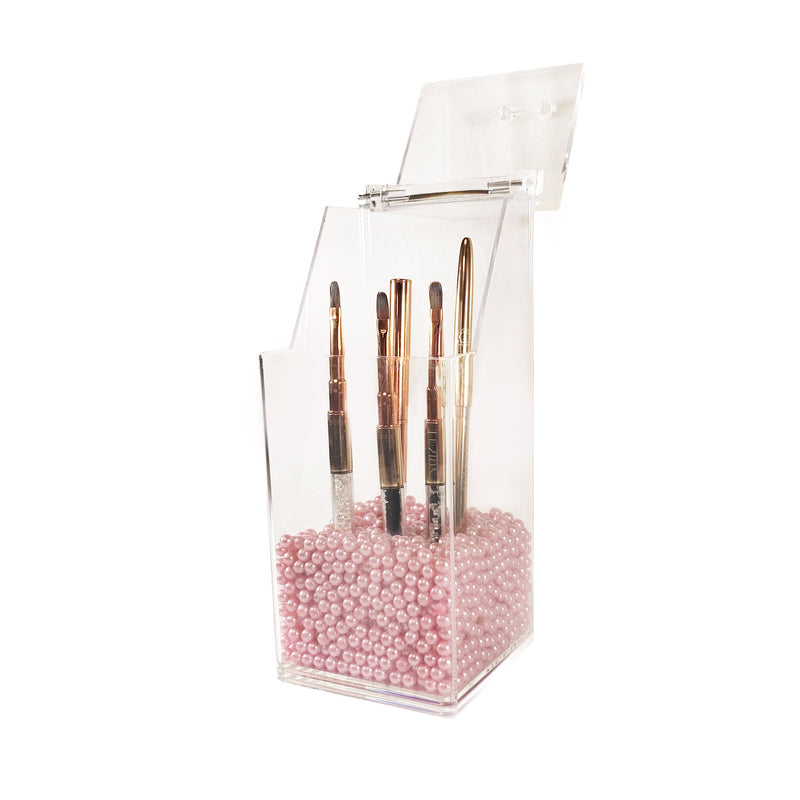 Square Acrylic Brush Holder w Pink Pearls | LULA BEAUTY