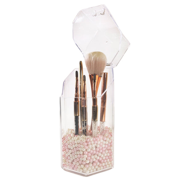 Hexagon Acrylic Brush Holder w White & Pink Pearls | LULA BEAUTY