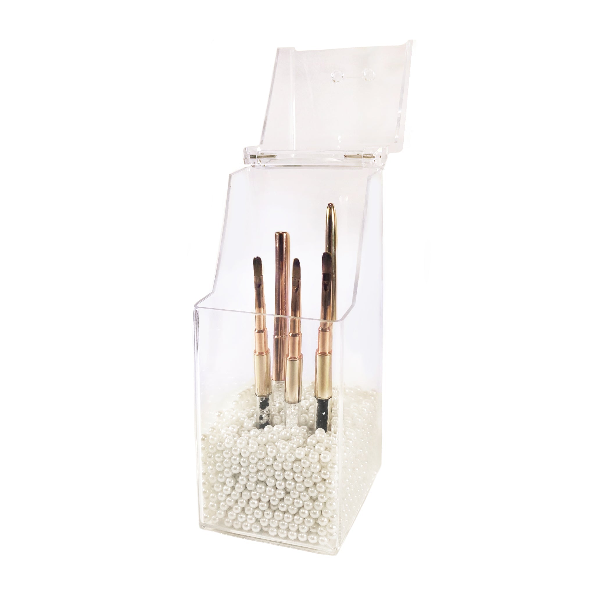 Square Acrylic Brush Holder w White Pearls | LULA BEAUTY