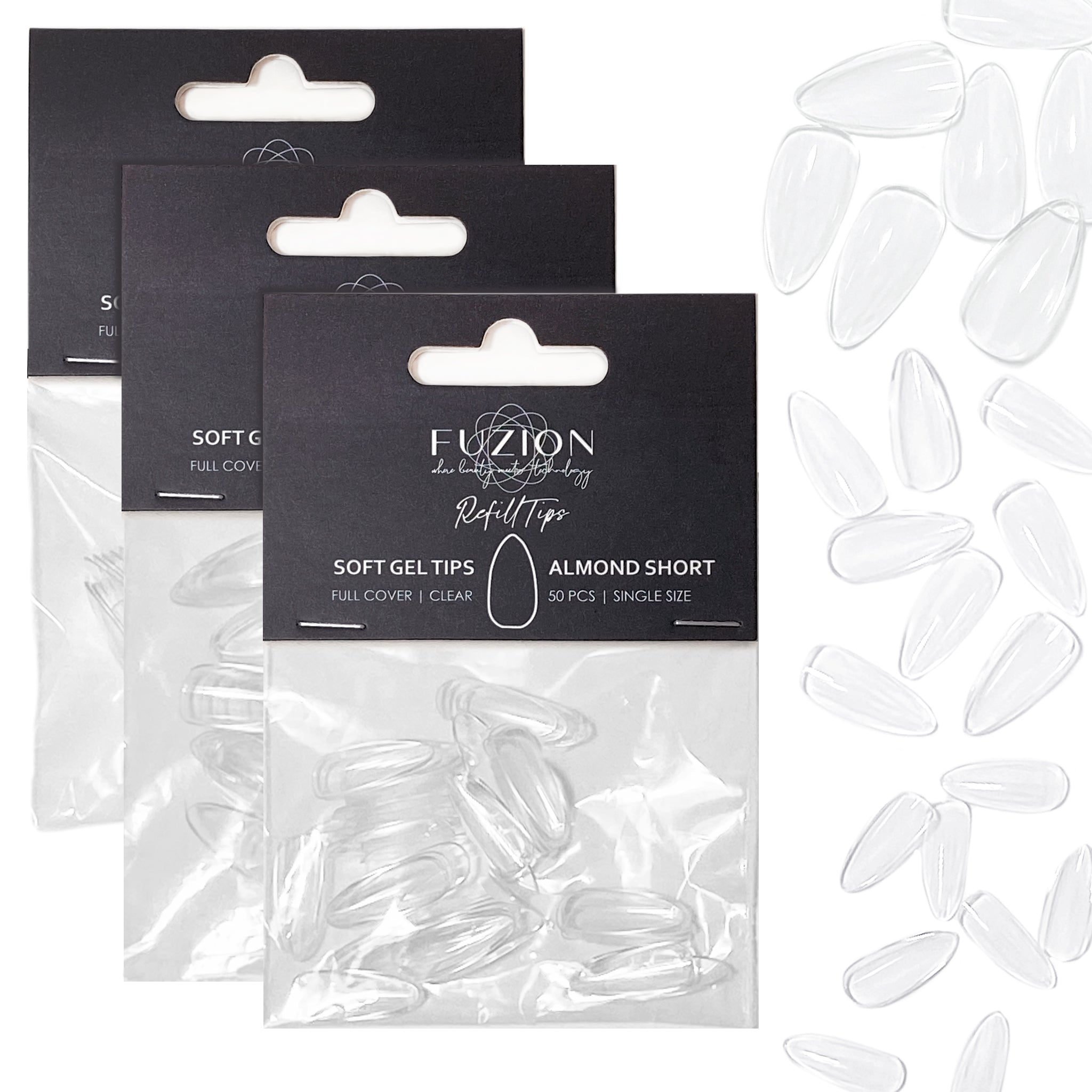 Soft Gel Tips ~ Almond Short Clear Sizes 0-11 | Fuzion Gel 50pk