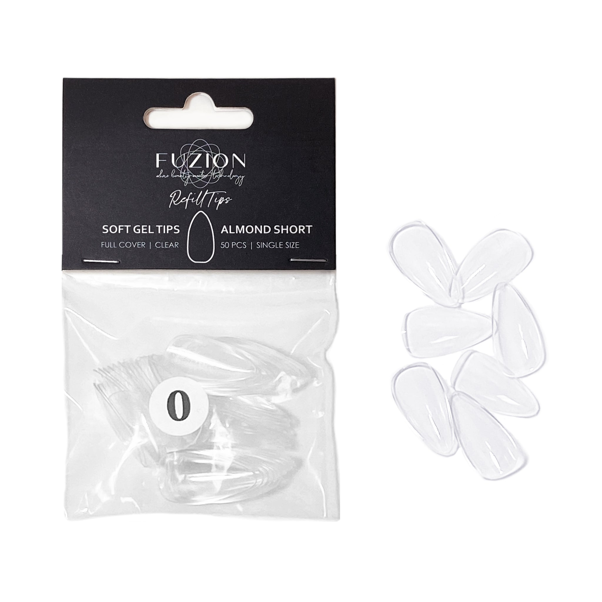 Soft Gel Tips ~ Almond Short Clear Sizes 0-11 | Fuzion Gel 50pk