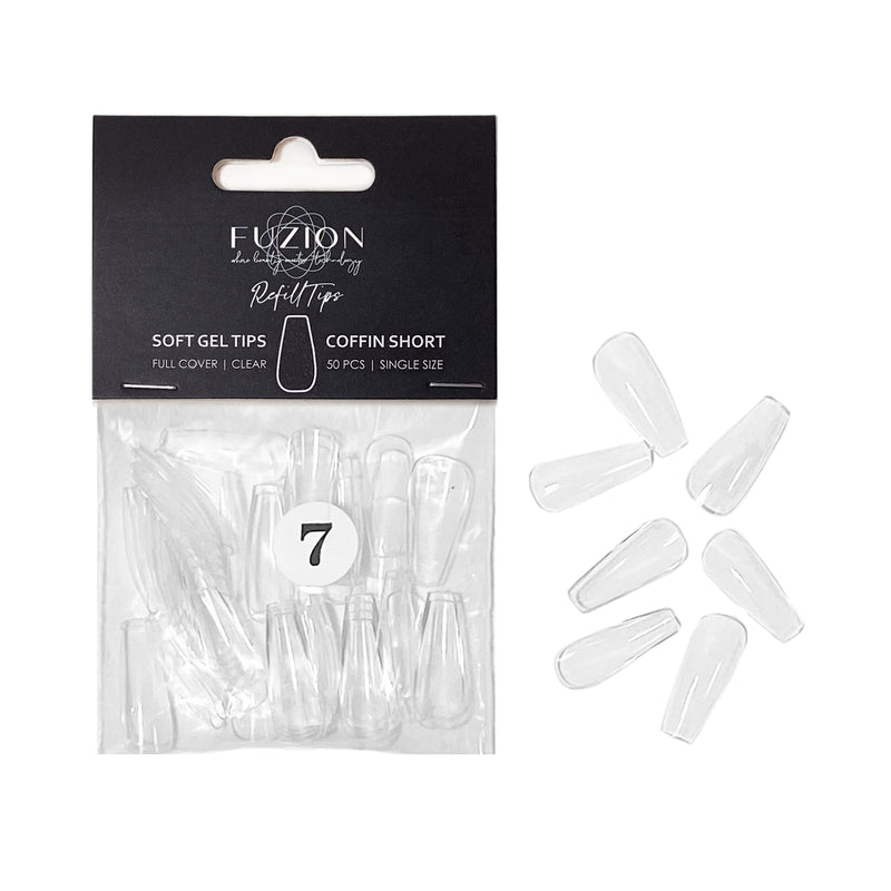 Soft Gel Tips ~ Coffin Short Clear -Sizes 0-11 | 50pk